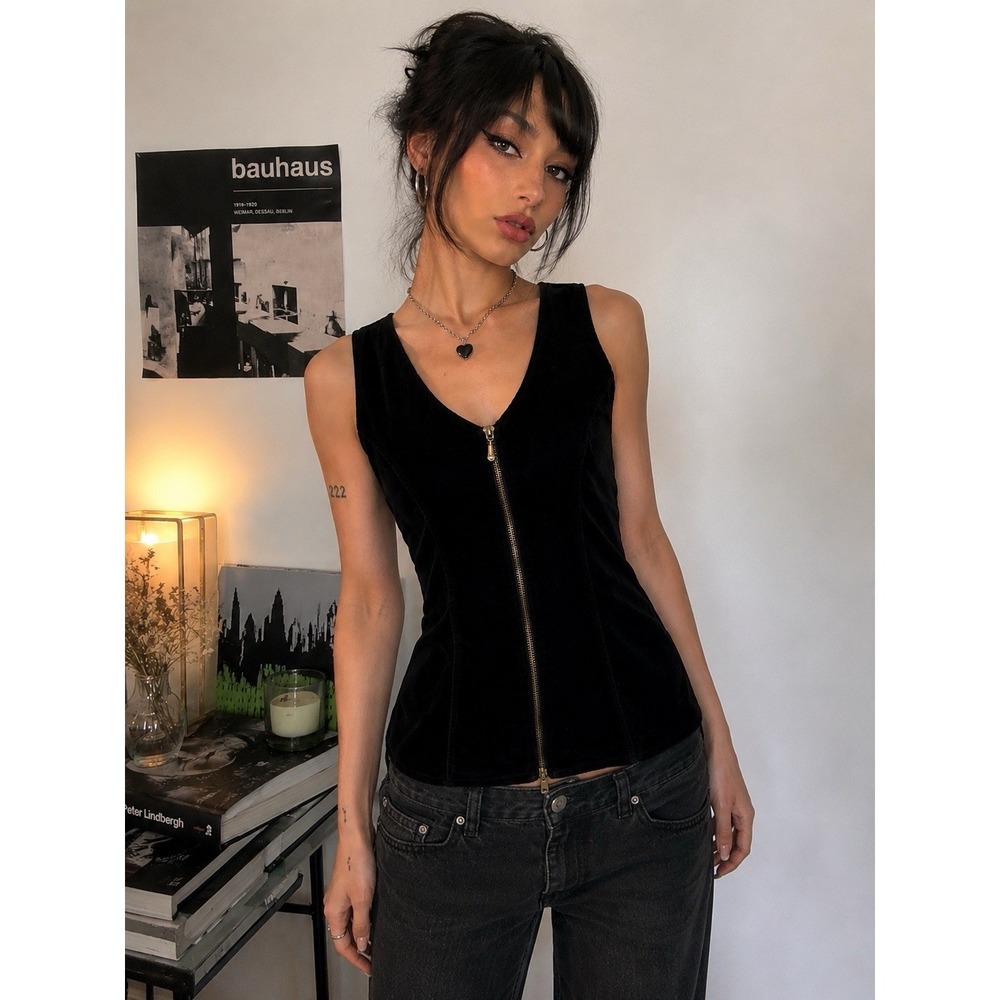 Vintage Red Rover Velvet Zip Front Top Size L Goth Dark Academia 90s Fitted